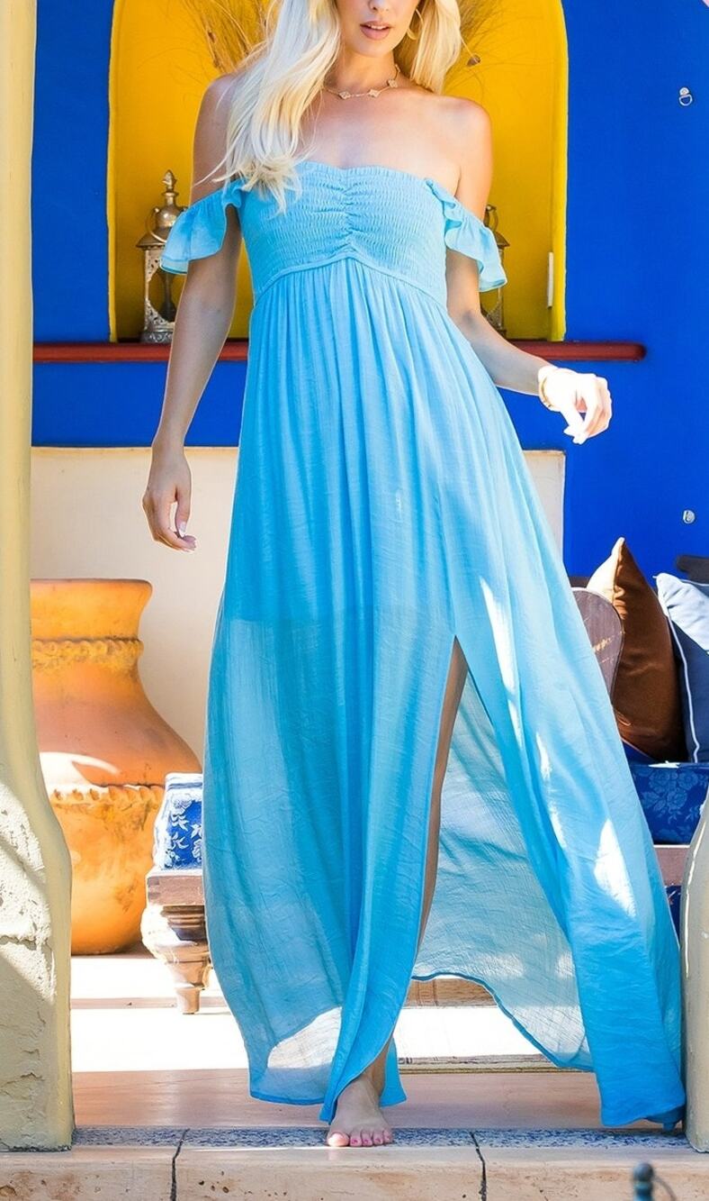 Sweet Lovely By Jen FLOWY RUFFLE SLEEVE SMOCKED MAXI  DRESS L